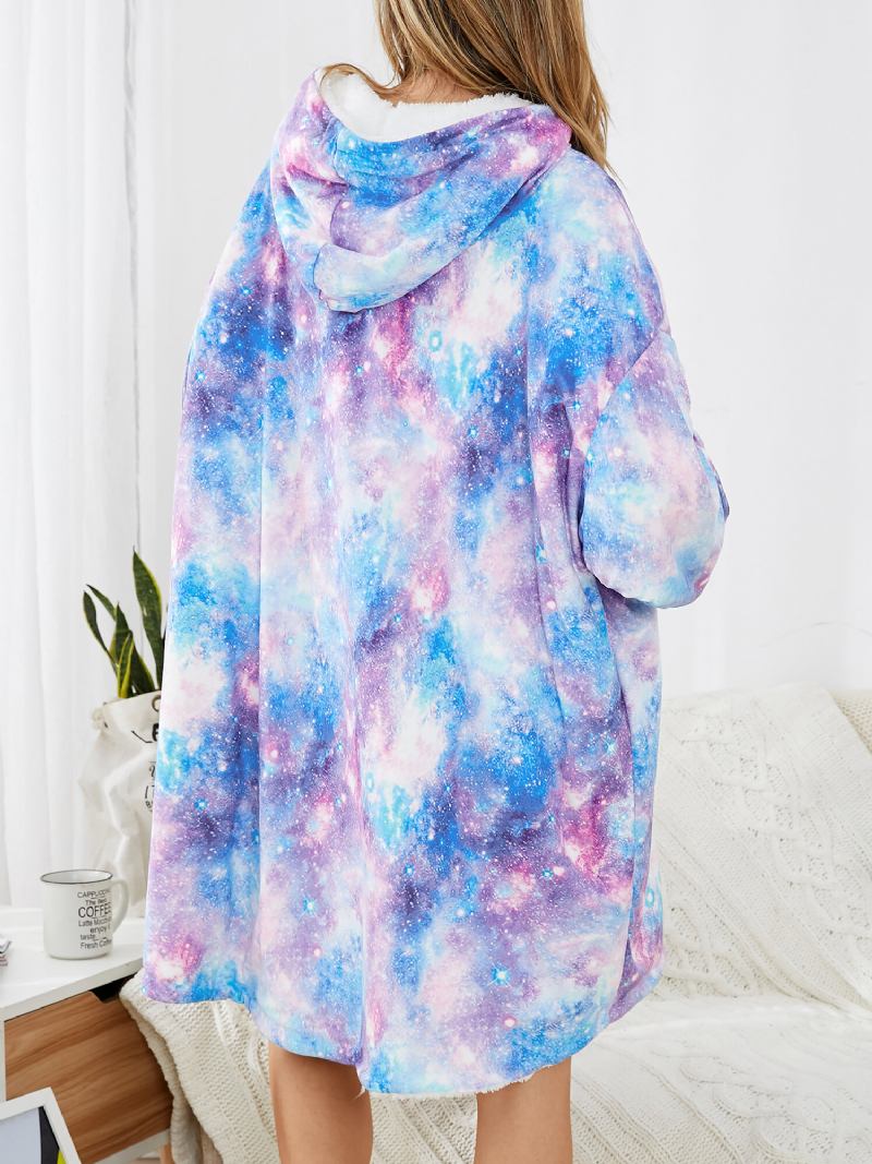 Damedesign Starry Sky Tie Dye Print Oversized Vendbar Homewear Fleeceforet Vendbart Tæppe Hættetrøje Med Lommelomme