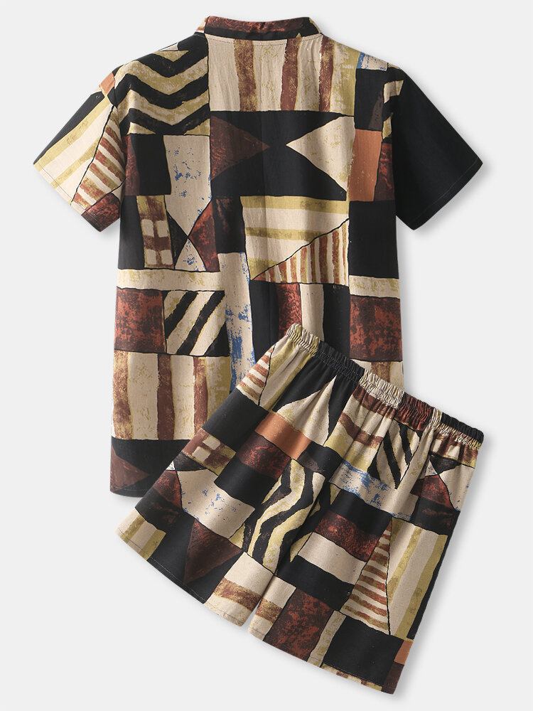 Herre Abstrakt Print Patchwork V-hals Lommepyjamas Saunadragt