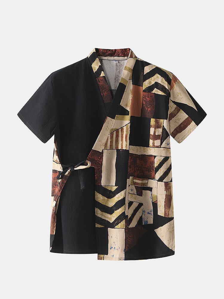 Herre Abstrakt Print Patchwork V-hals Lommepyjamas Saunadragt