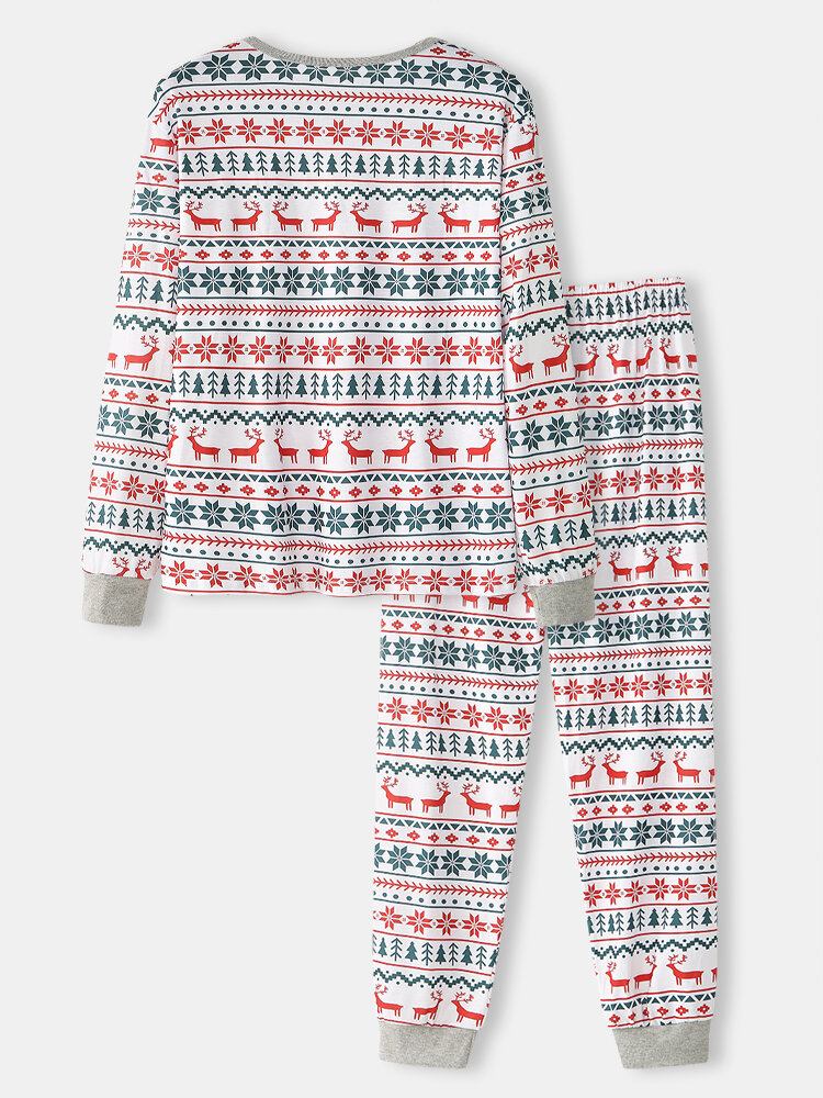 Herre Allover Elk Snowflake Print Jule Joggerbukser Med Rund Hals Løs Hjemmepyjamassæt