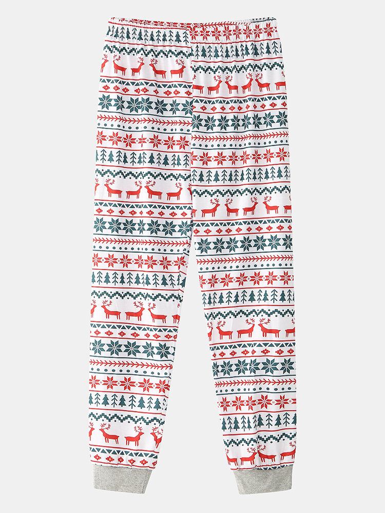 Herre Allover Elk Snowflake Print Jule Joggerbukser Med Rund Hals Løs Hjemmepyjamassæt