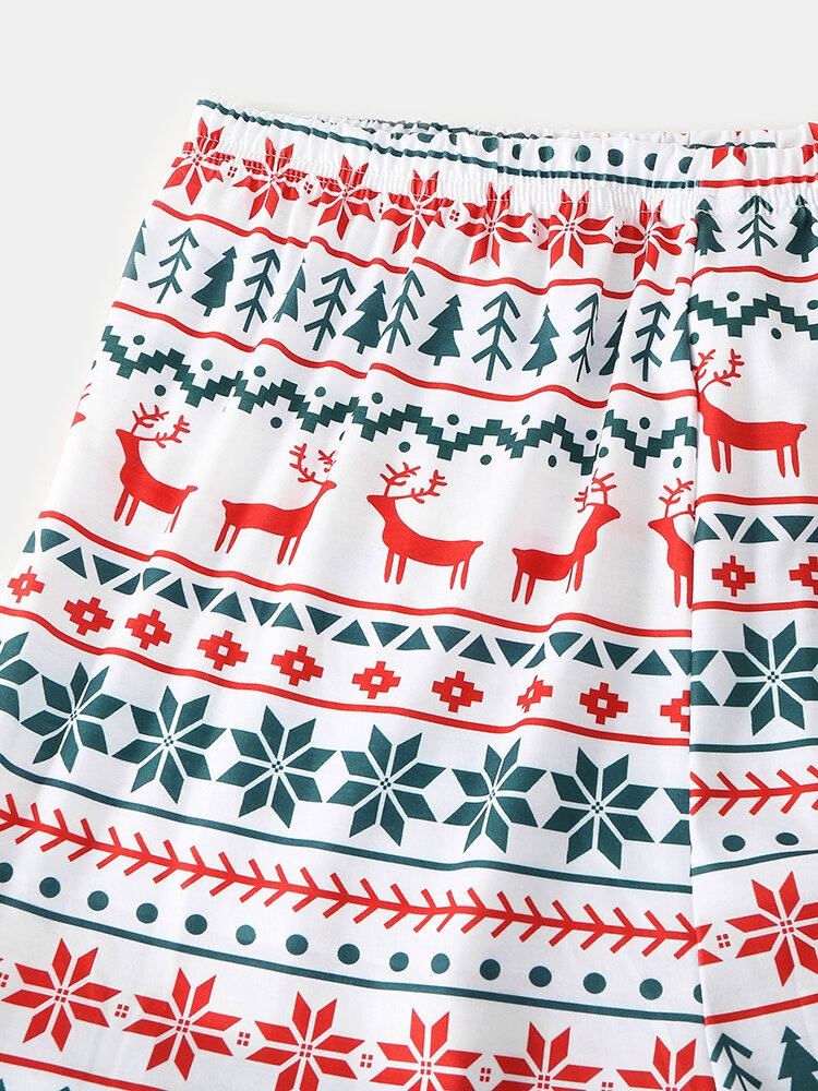 Herre Allover Elk Snowflake Print Jule Joggerbukser Med Rund Hals Løs Hjemmepyjamassæt