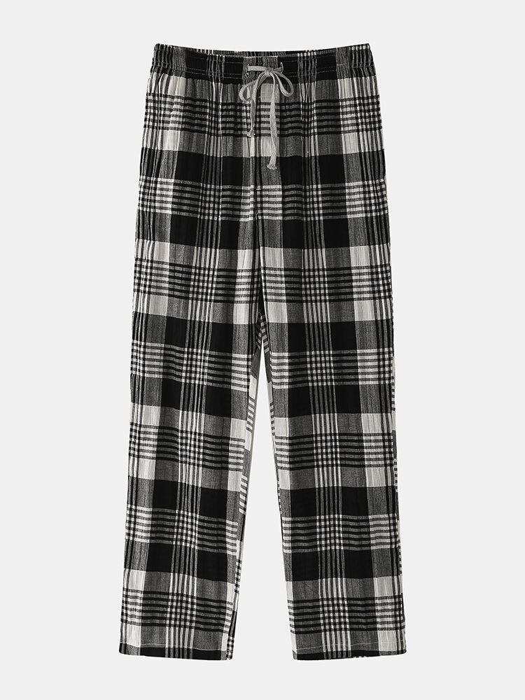 Herre Bomuld Plaid Print Tynd Løs Åndbar Hjemme Snøre Mid Waist Lounge Sovebukser