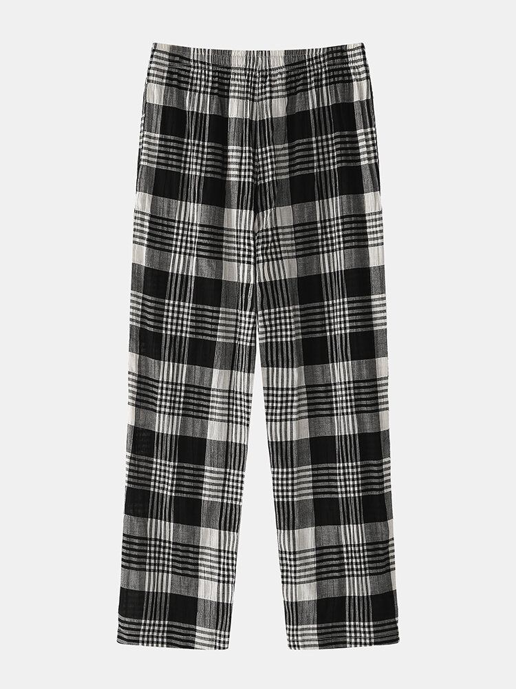 Herre Bomuld Plaid Print Tynd Løs Åndbar Hjemme Snøre Mid Waist Lounge Sovebukser