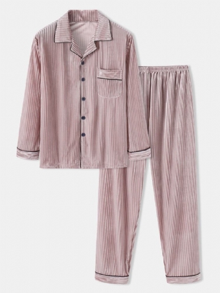 Herre Coral Fleece Lapel Button Up Langærmede Løse Bukser Todelt Home Warm Pyjamas Sæt