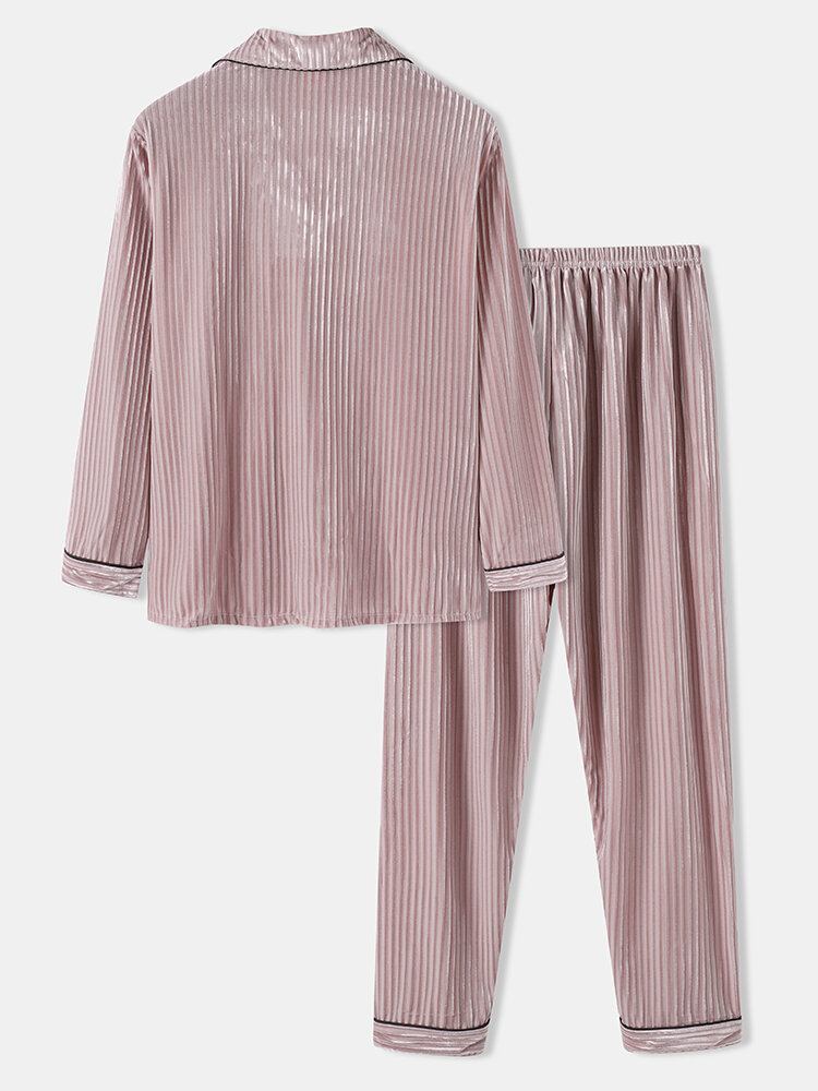 Herre Coral Fleece Lapel Button Up Langærmede Løse Bukser Todelt Home Warm Pyjamas Sæt