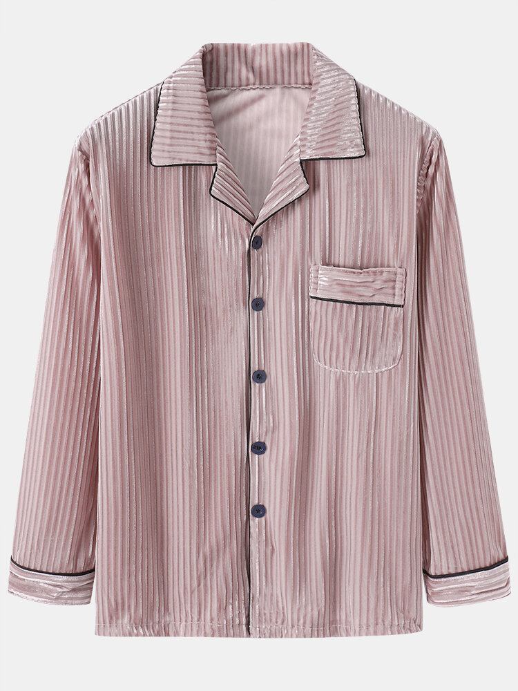 Herre Coral Fleece Lapel Button Up Langærmede Løse Bukser Todelt Home Warm Pyjamas Sæt