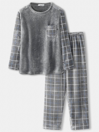 Herre Flannel Plaid Patchwork Pullover Warm Thicken Løs Pants Home Comfy Pyjamas Sæt