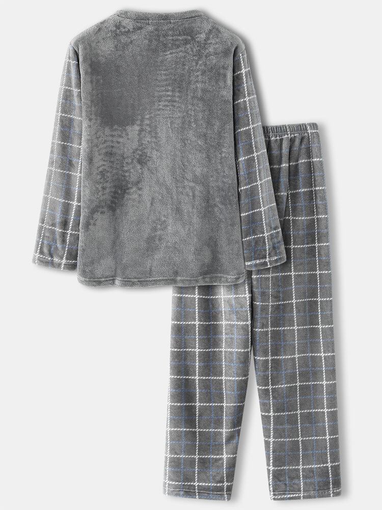 Herre Flannel Plaid Patchwork Pullover Warm Thicken Løs Pants Home Comfy Pyjamas Sæt