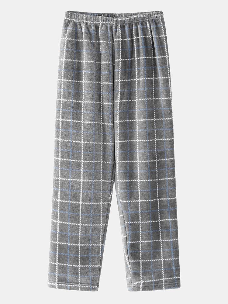 Herre Flannel Plaid Patchwork Pullover Warm Thicken Løs Pants Home Comfy Pyjamas Sæt