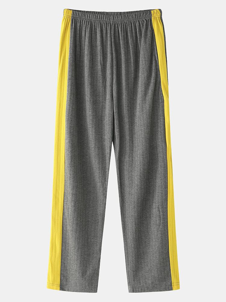 Herre Jacquard Bogstavmønster V-hals Langærmet Top Side Strip Elastisk Talje Hjem Casual Pyjamas Sæt