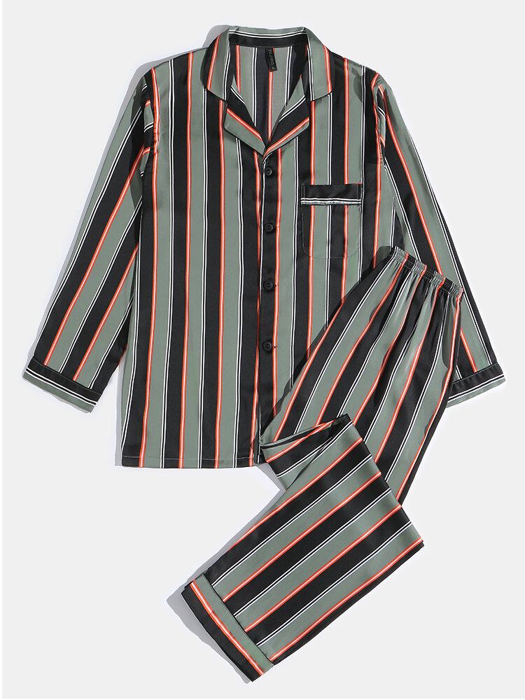 Herre Stripe Print Lapel Langærmet Skjorte Elastiske Taljebukser Hjemmepyjamassæt