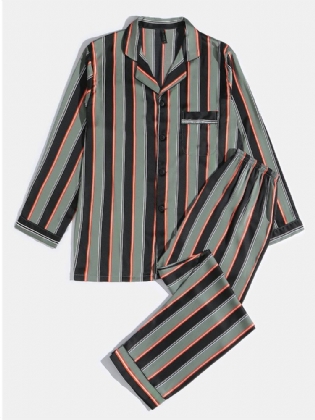 Herre Stripe Print Lapel Langærmet Skjorte Elastiske Taljebukser Hjemmepyjamassæt