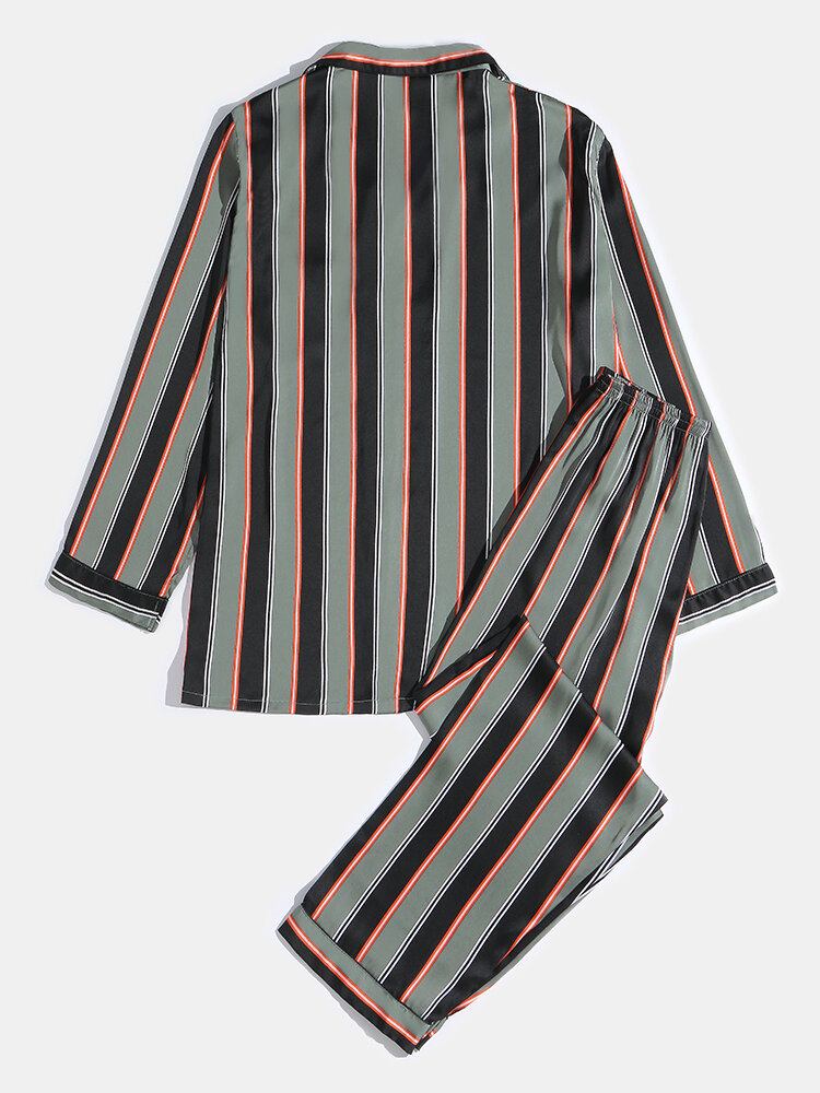 Herre Stripe Print Lapel Langærmet Skjorte Elastiske Taljebukser Hjemmepyjamassæt