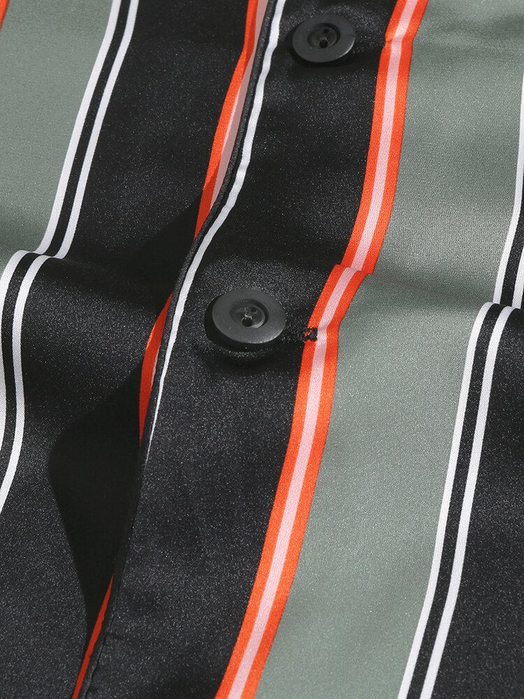 Herre Stripe Print Lapel Langærmet Skjorte Elastiske Taljebukser Hjemmepyjamassæt