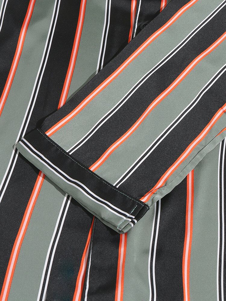 Herre Stripe Print Lapel Langærmet Skjorte Elastiske Taljebukser Hjemmepyjamassæt