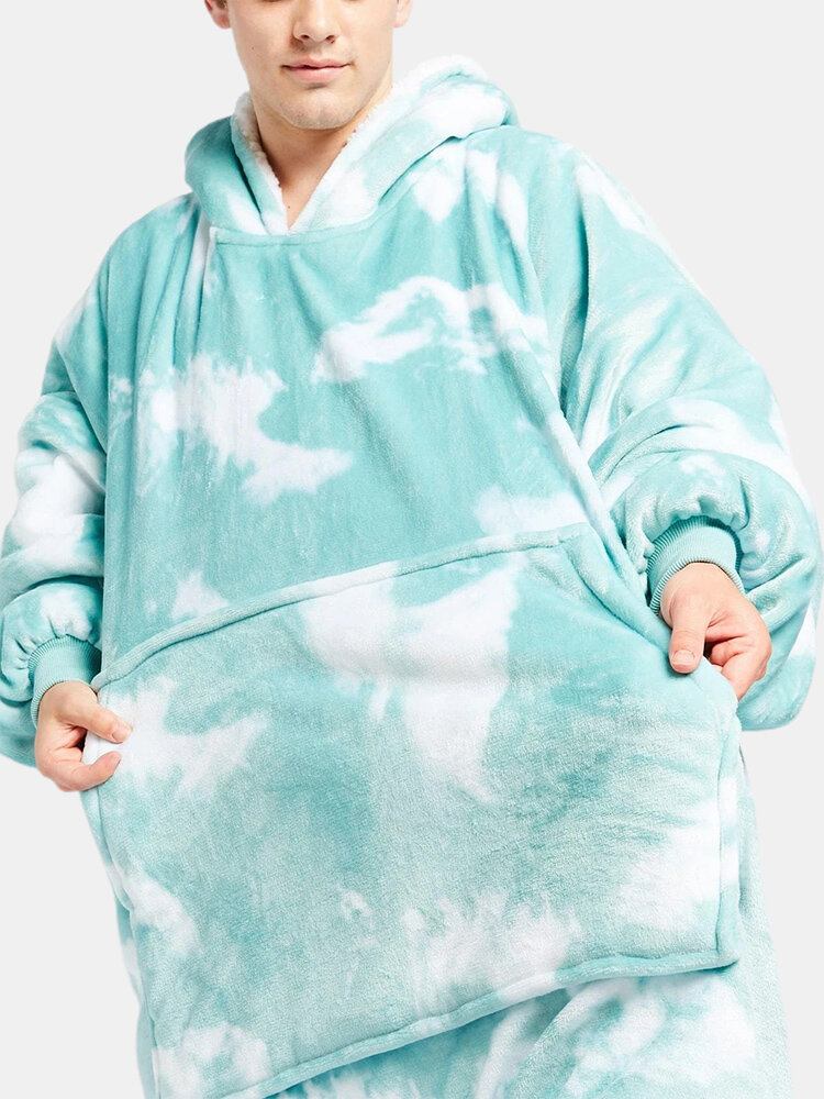 Herre Tie-dye Fleece Foret Tykke Varmt Løst Tæppe Hættetrøje Med Kængurulomme