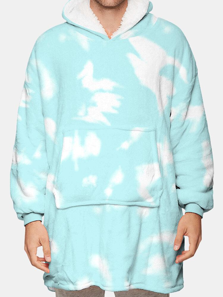 Herre Tie-dye Fleece Foret Tykke Varmt Løst Tæppe Hættetrøje Med Kængurulomme