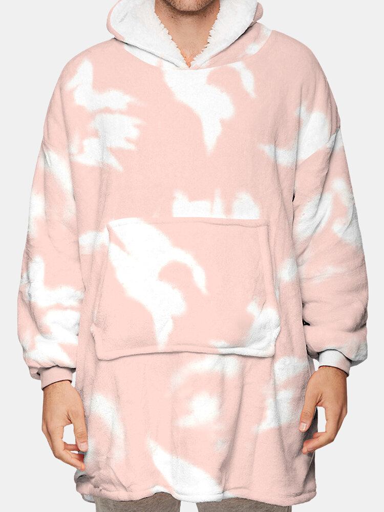 Herre Tie-dye Thicken Fleece Foret Varmt Løst Tæppe Hættetrøje Med Kængurulomme