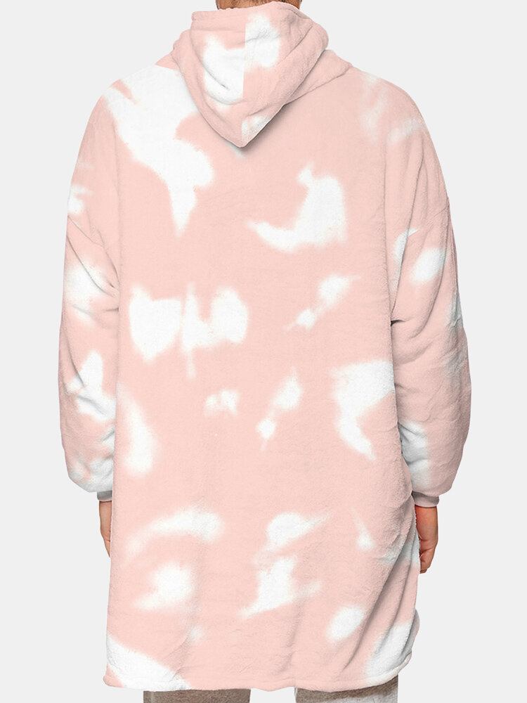 Herre Tie-dye Thicken Fleece Foret Varmt Løst Tæppe Hættetrøje Med Kængurulomme