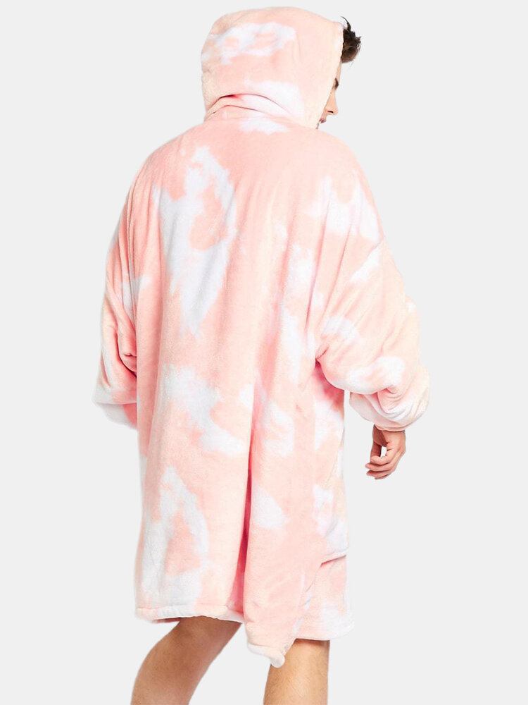 Herre Tie-dye Thicken Fleece Foret Varmt Løst Tæppe Hættetrøje Med Kængurulomme