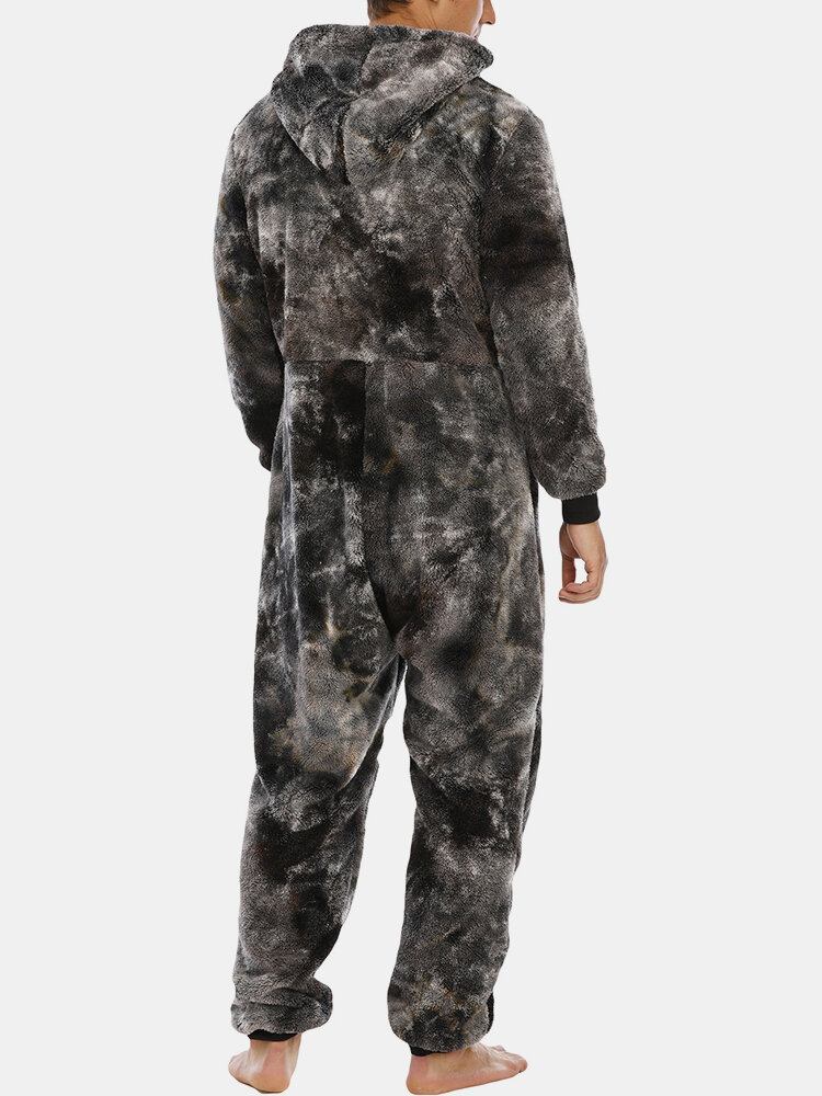 Herre Tie Dye Varm Fleece Plys Jumpsuit Med Hætte One Piece Home Nattøj