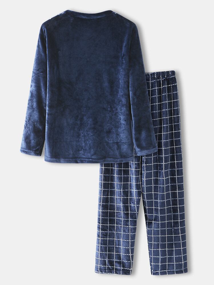 Herre Vinterflanel Plaid Toppe Med Rund Hals Løse Bukser Tykke Home Lounge Pyjamassæt