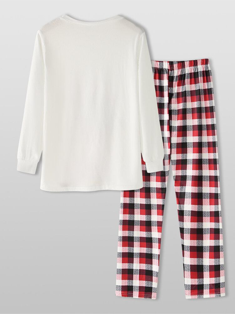 Julestil Kvinder Sød Elg Print Pullover Plaid Elastik Løs Talje Bukser Hjem Pyjamas Sæt