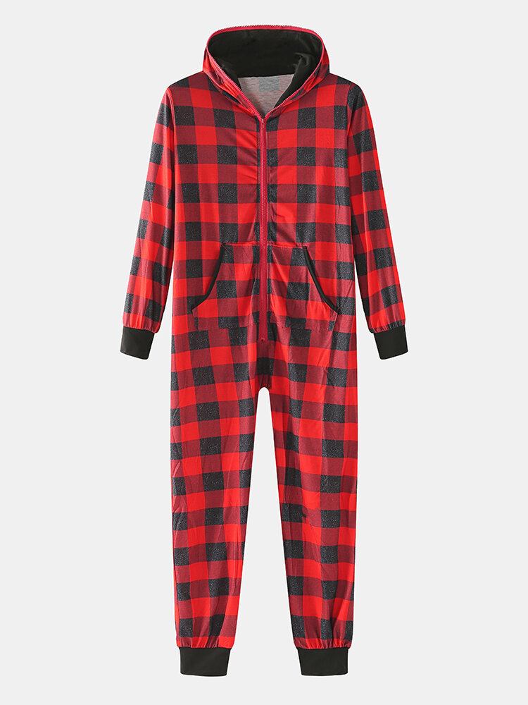 Klassisk Plaidprint For Mænd Med Langærmet Lynlås Og Hættedragt Pyjamas I Ét Stykke