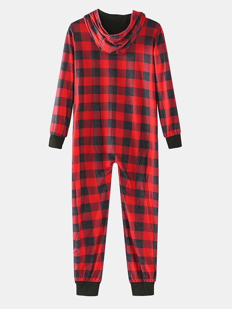 Klassisk Plaidprint For Mænd Med Langærmet Lynlås Og Hættedragt Pyjamas I Ét Stykke