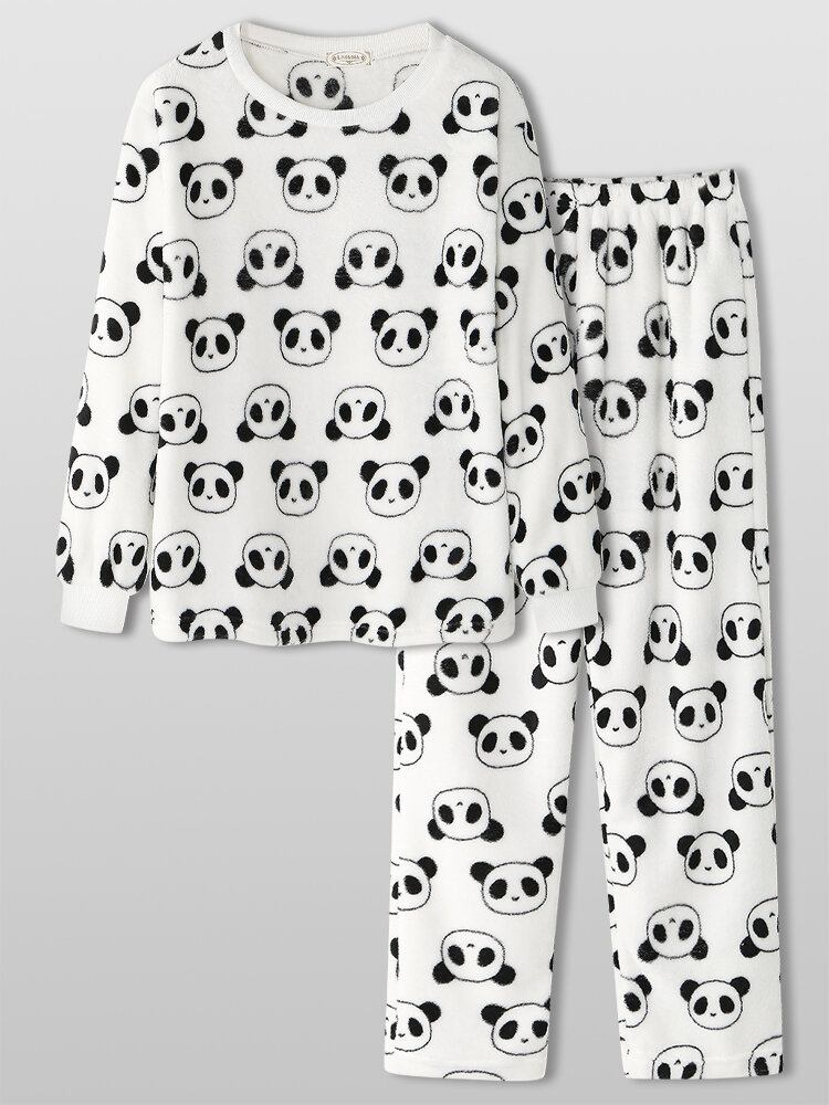 Kvinder All Over Tegneserie Panda Langærmet Plys Varmt Hjemmepyjamassæt