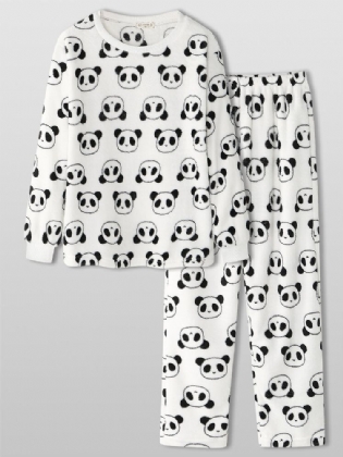 Kvinder All Over Tegneserie Panda Langærmet Plys Varmt Hjemmepyjamassæt