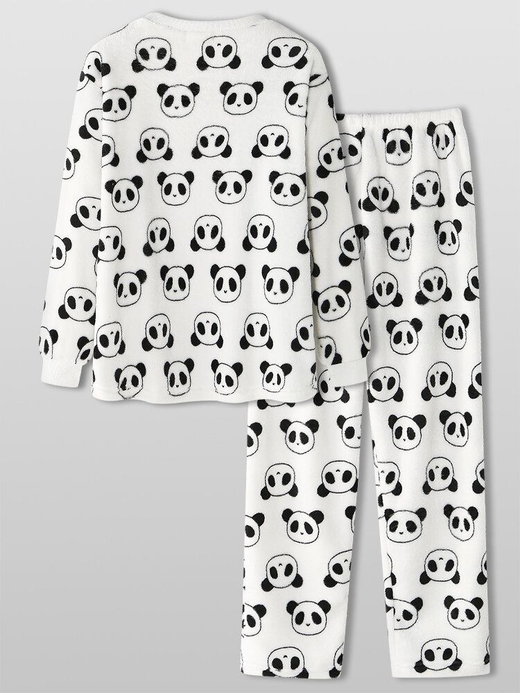 Kvinder All Over Tegneserie Panda Langærmet Plys Varmt Hjemmepyjamassæt