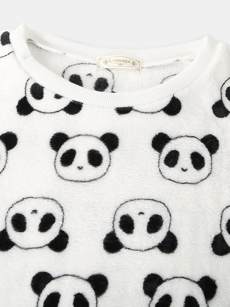 Kvinder All Over Tegneserie Panda Langærmet Plys Varmt Hjemmepyjamassæt