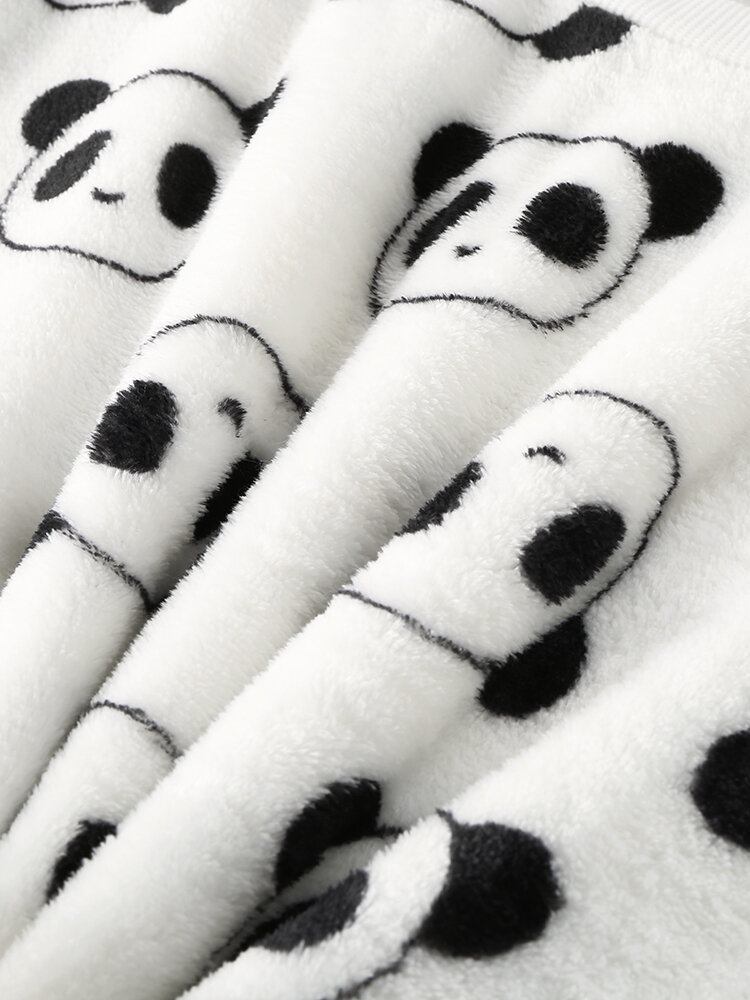 Kvinder All Over Tegneserie Panda Langærmet Plys Varmt Hjemmepyjamassæt