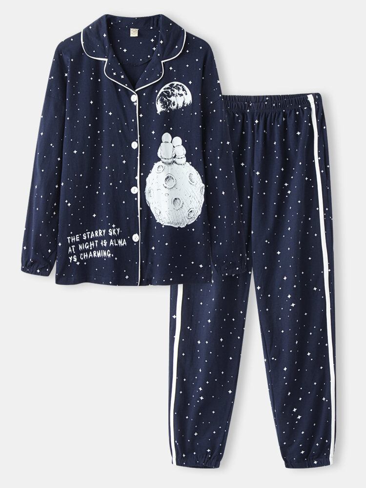 Kvinder Allover Starry Sky Figur Print Revere Krave Bomuldsmanchet Pyjamassæt