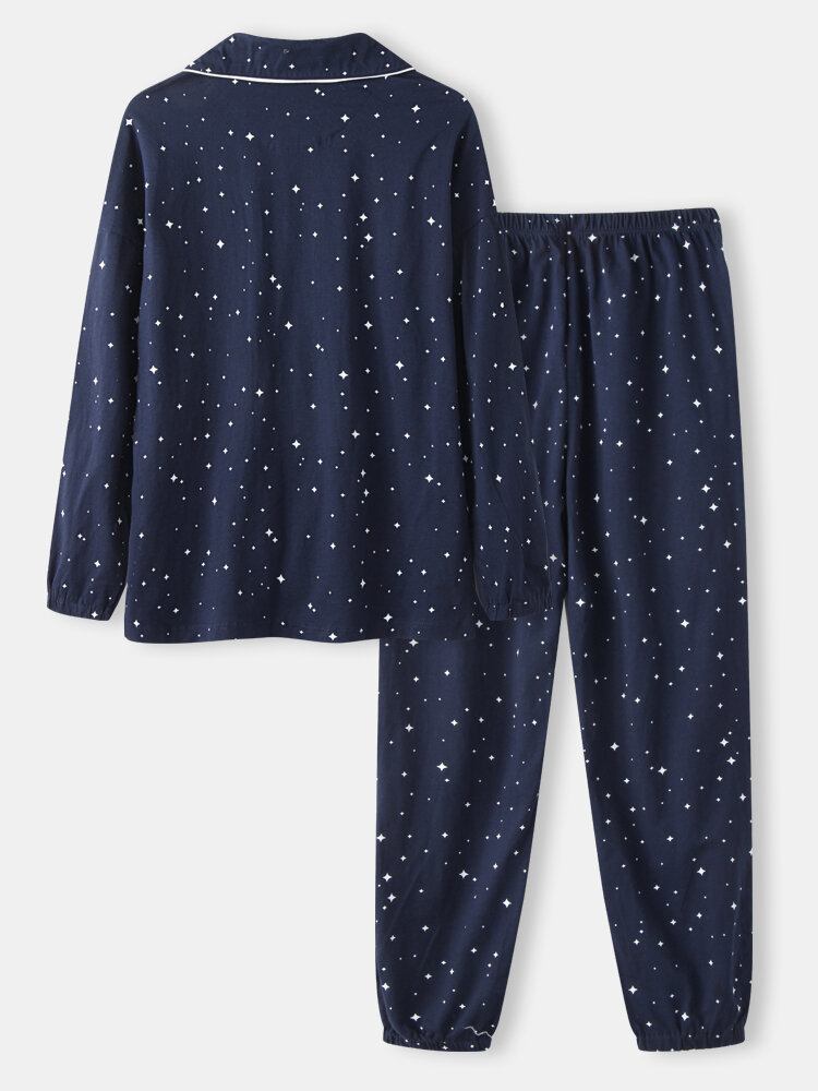 Kvinder Allover Starry Sky Figur Print Revere Krave Bomuldsmanchet Pyjamassæt