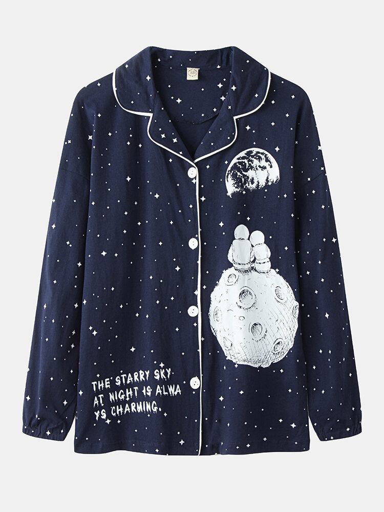 Kvinder Allover Starry Sky Figur Print Revere Krave Bomuldsmanchet Pyjamassæt