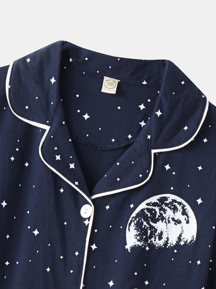 Kvinder Allover Starry Sky Figur Print Revere Krave Bomuldsmanchet Pyjamassæt