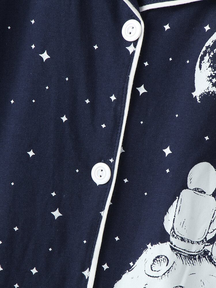 Kvinder Allover Starry Sky Figur Print Revere Krave Bomuldsmanchet Pyjamassæt