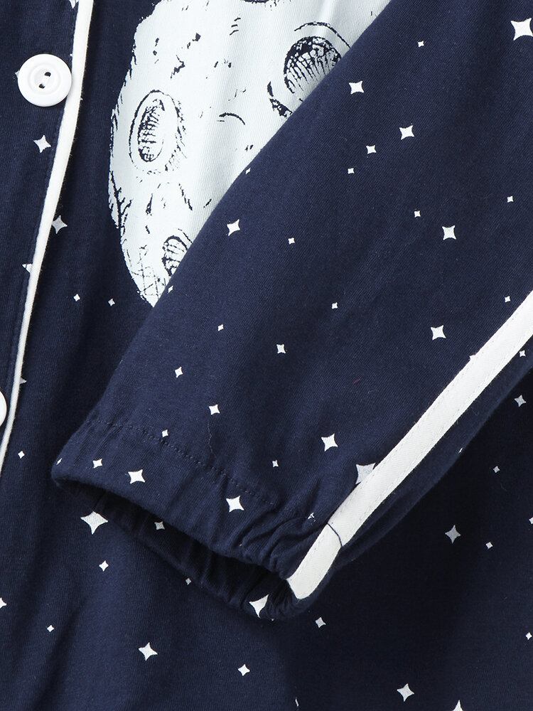 Kvinder Allover Starry Sky Figur Print Revere Krave Bomuldsmanchet Pyjamassæt