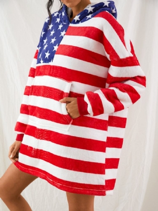 Kvinder American Flag Grafik Fleeceforet Tæppe Hættetrøje Hyggelig Tyk Varm Kappe Med Lomme