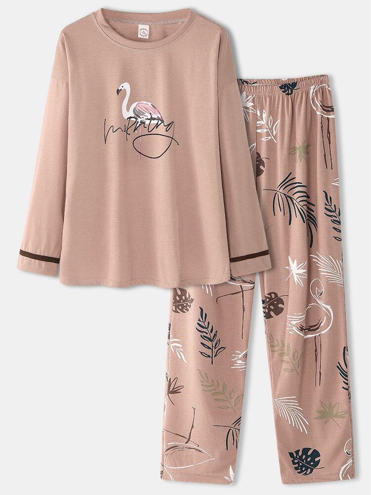 Kvinder Crane Leaves Print O-hals Bomuld Langærmet Plus Size Lounge Home Pyjamassæt