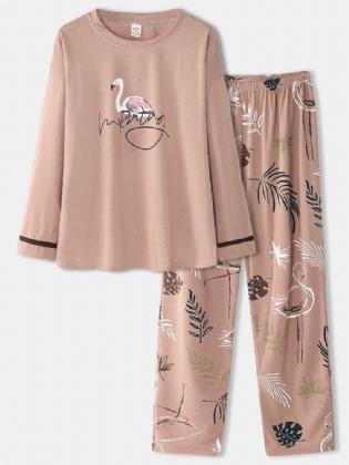 Kvinder Crane Leaves Print O-hals Bomuld Langærmet Plus Size Lounge Home Pyjamassæt