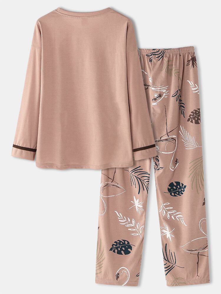 Kvinder Crane Leaves Print O-hals Bomuld Langærmet Plus Size Lounge Home Pyjamassæt