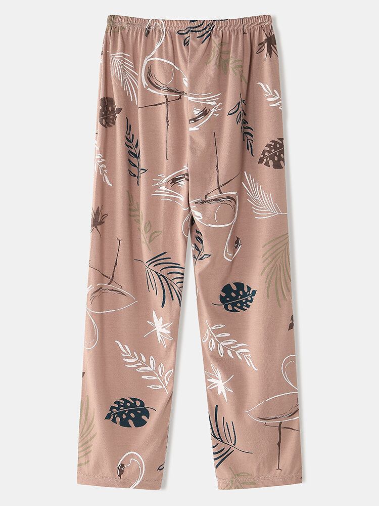 Kvinder Crane Leaves Print O-hals Bomuld Langærmet Plus Size Lounge Home Pyjamassæt