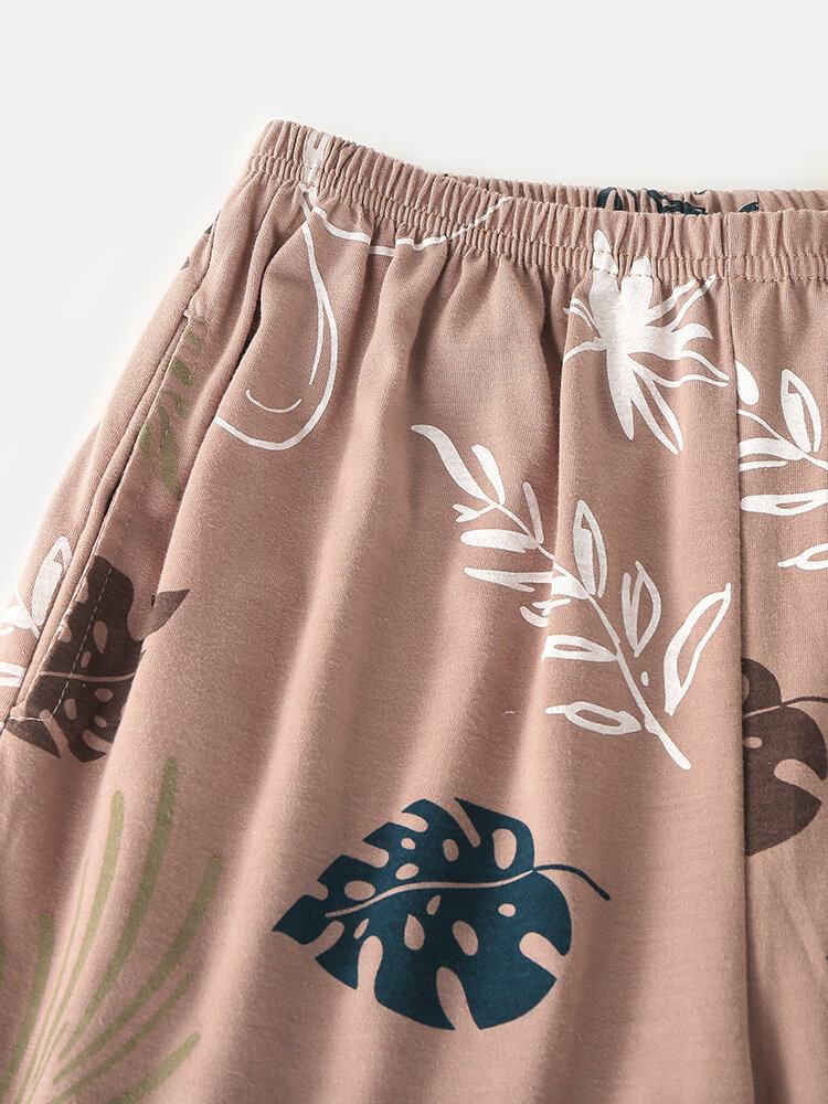 Kvinder Crane Leaves Print O-hals Bomuld Langærmet Plus Size Lounge Home Pyjamassæt