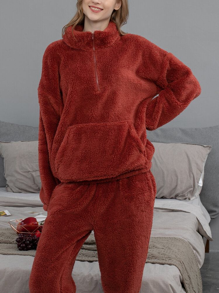 Kvinder Ensfarvet Plys Fluffy Kangaroo Pocket Pullover Joggerbukser Hjemmepyjamassæt