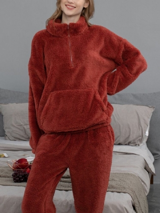 Kvinder Ensfarvet Plys Fluffy Kangaroo Pocket Pullover Joggerbukser Hjemmepyjamassæt