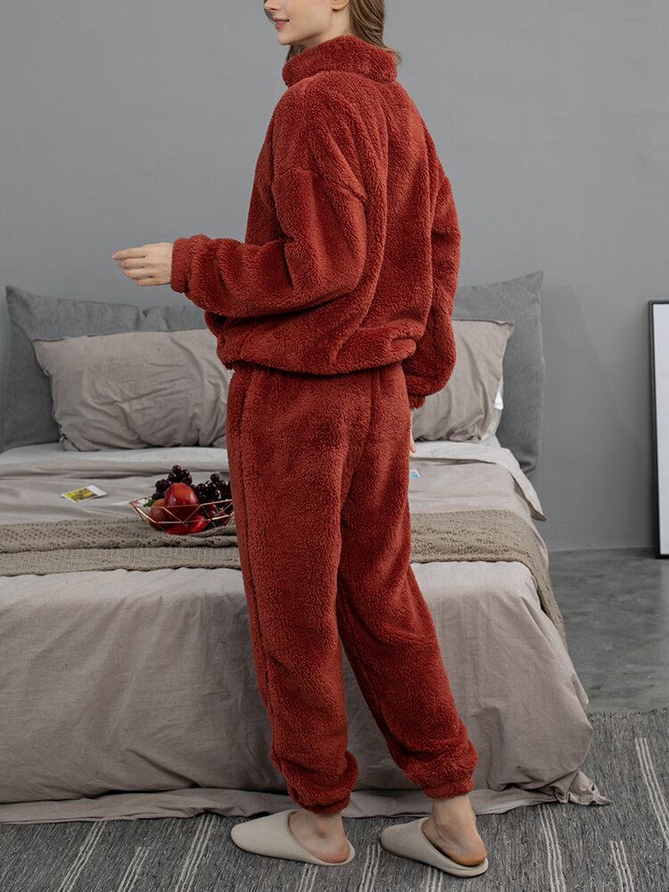 Kvinder Ensfarvet Plys Fluffy Kangaroo Pocket Pullover Joggerbukser Hjemmepyjamassæt